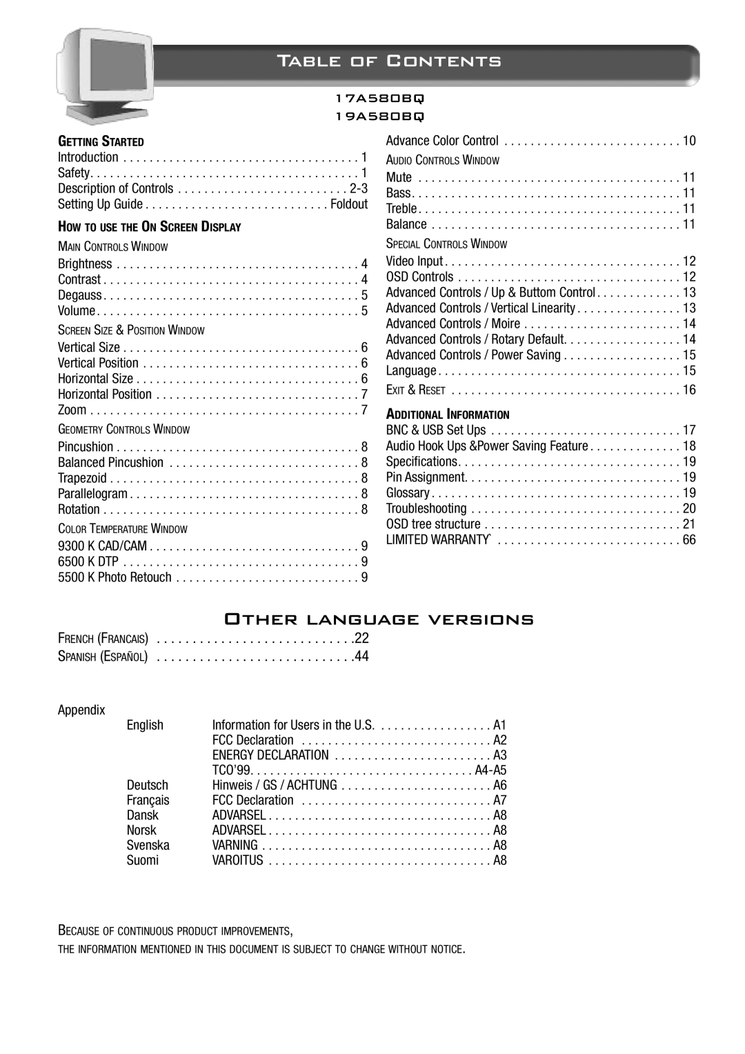 Philips 19A580BQ, 17A580BQ specifications Table of Contents 