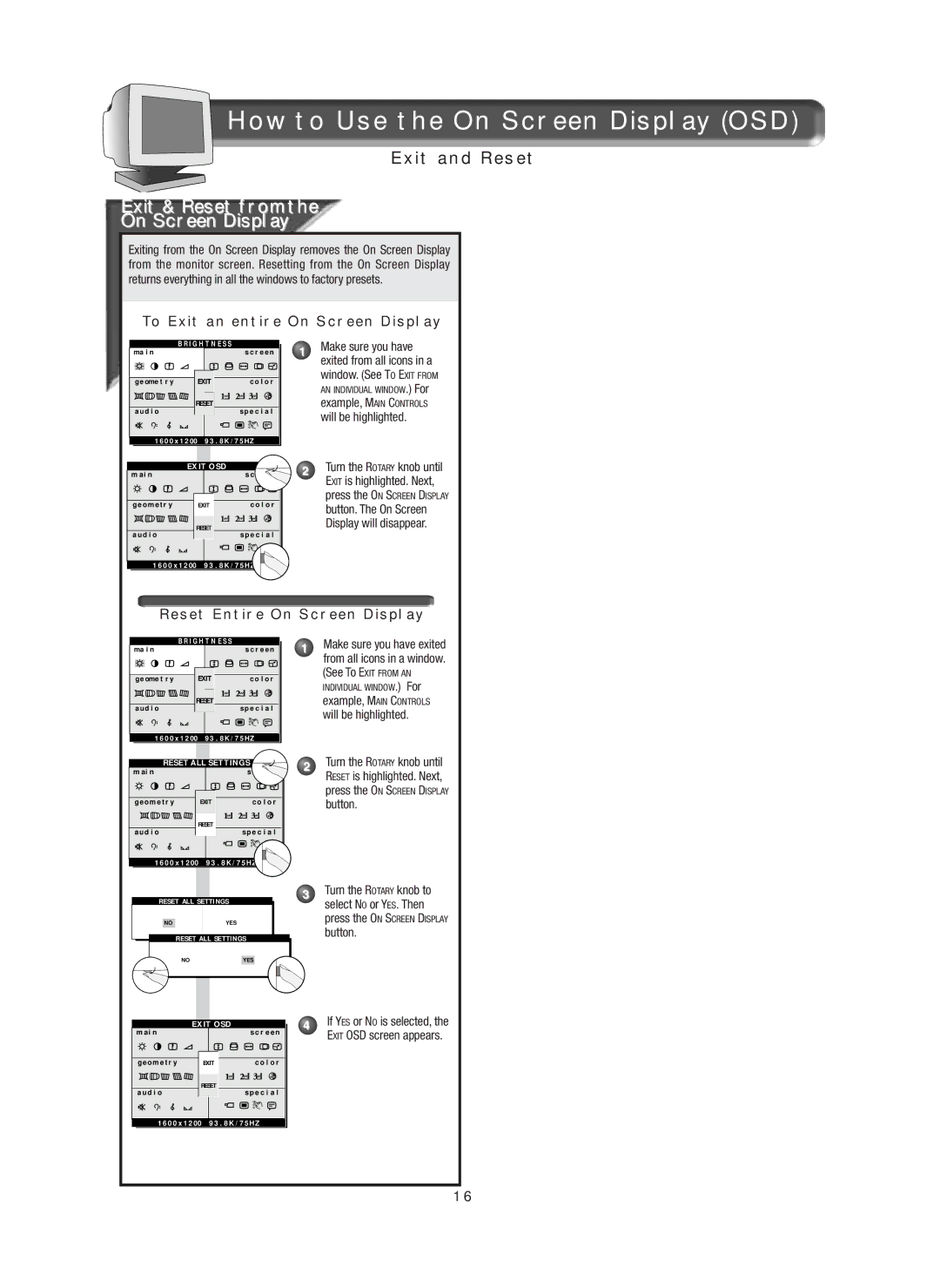 Philips 19A580BQ, 17A580BQ specifications Exit & Reset from On Screen Display, Window. See to Exit from, Will be highlighted 