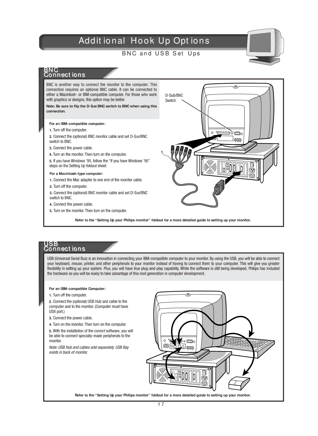 Philips 17A580BQ Additional Hook Up Options, Connections, For an IBM-compatible computer, For a Macintosh-type computer 