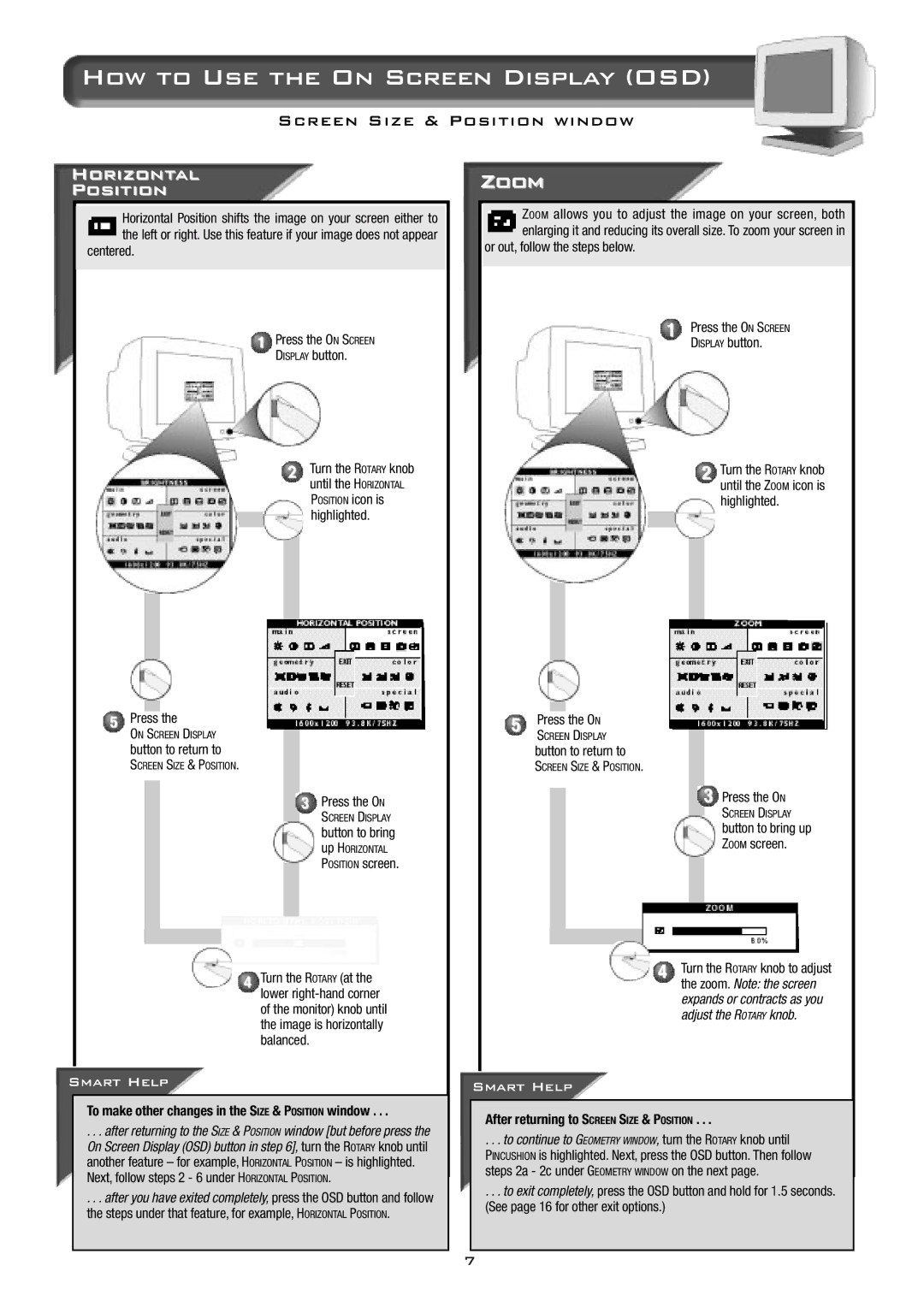 Philips 17A580BQ, 19A580BQ specifications Zoom, Horizontal Position, To make other changes in the Size & Position window 