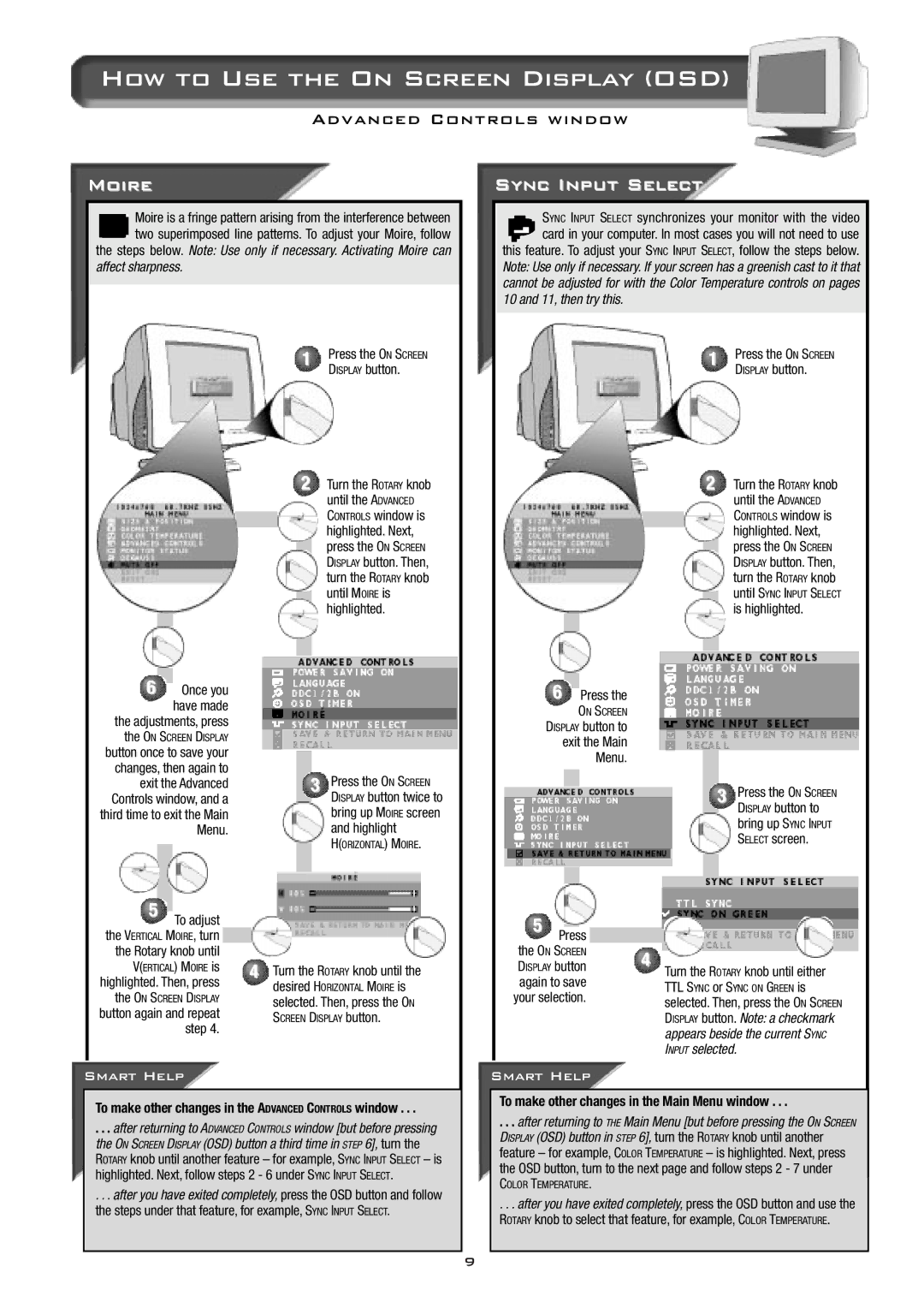 Philips 17B2302Q Moire, Sync Input Select, Affect sharpness, Nput selected, To make other changes in the Main Menu window 