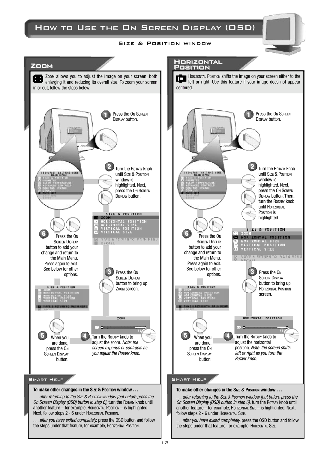 Philips 17B2302Q appendix Zoom, Horizontal Position, Left or right as you turn, Otary knob 