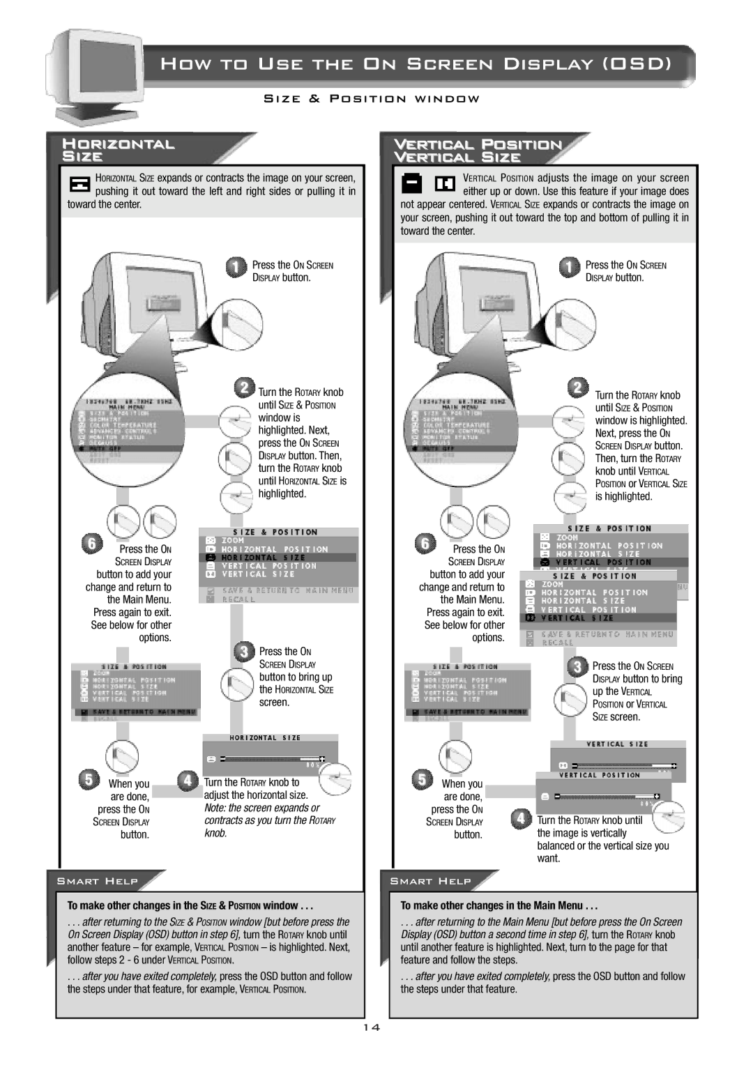 Philips 17B2302Q appendix Horizontal Size, Vertical Position Vertical Size, Knob, To make other changes in the Main Menu 