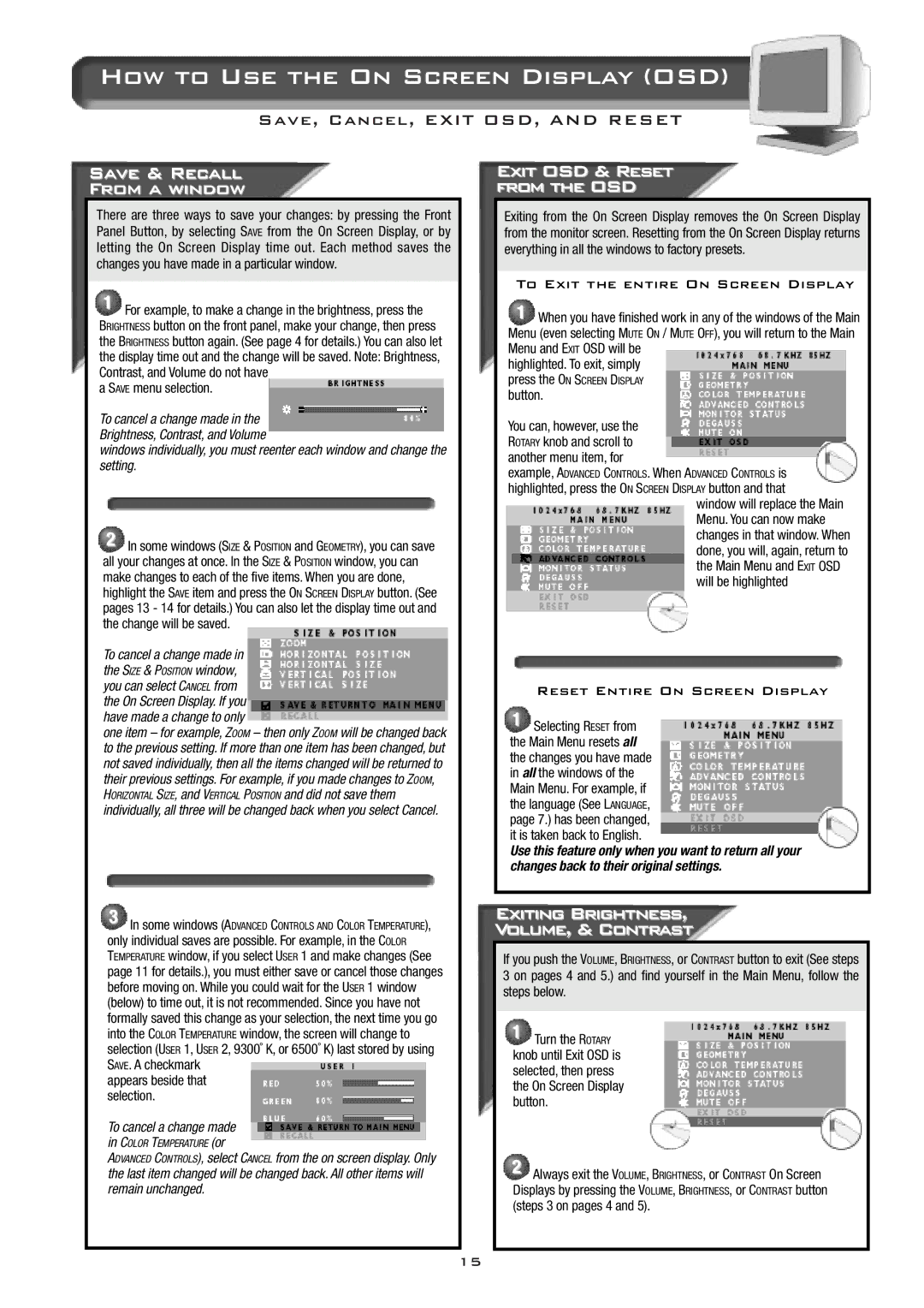 Philips 17B2302Q appendix Save & Recall From a window, Exit OSD & Reset from the OSD, Exiting Brightness Volume, & Contrast 