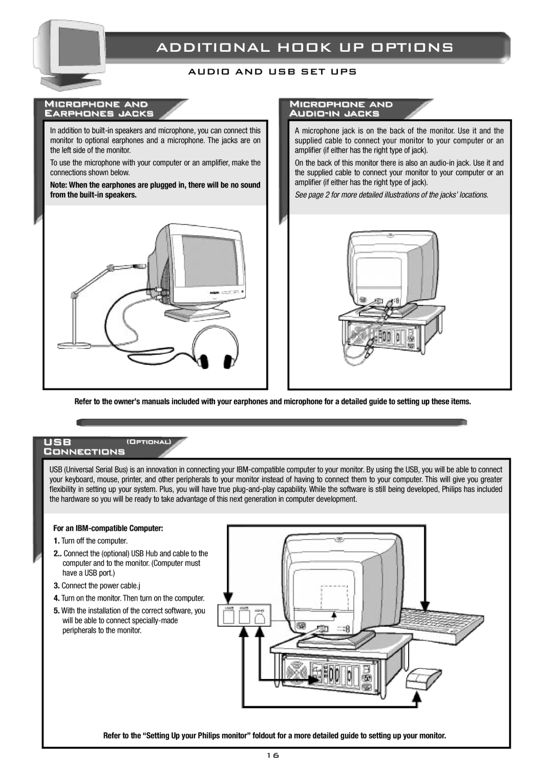 Philips 17B2302Q Microphone Earphones jacks, Microphone Audio-in jacks, Connections, For an IBM-compatible Computer 