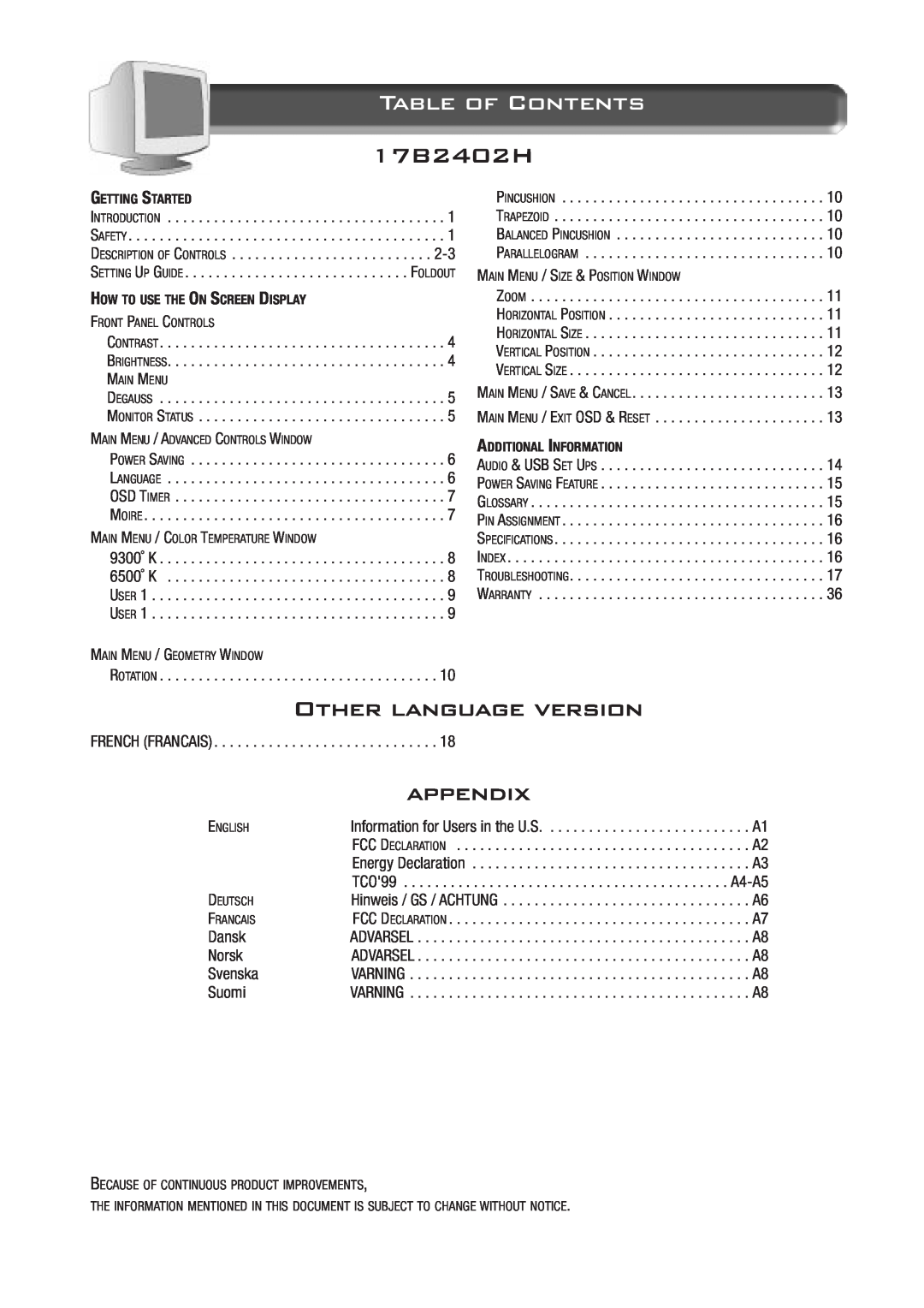 Philips 17B2402H appendix Table of Contents, Other language version 