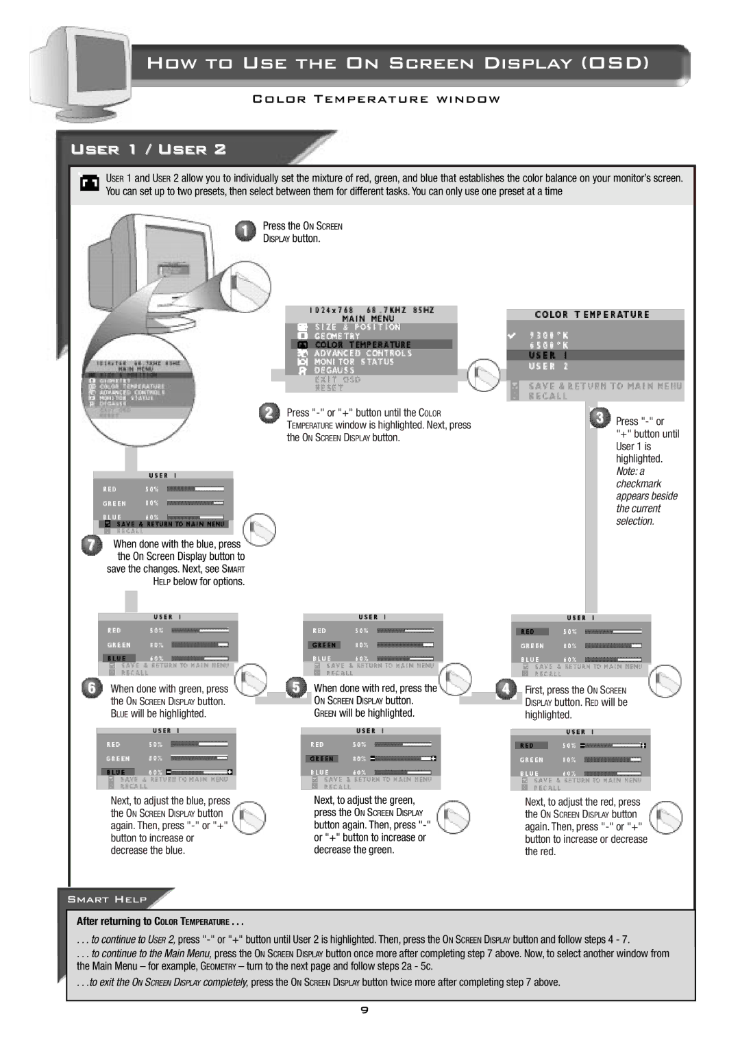 Philips 17B2402H appendix User 1 / User, Press or + button until the Color, When done with red, press 