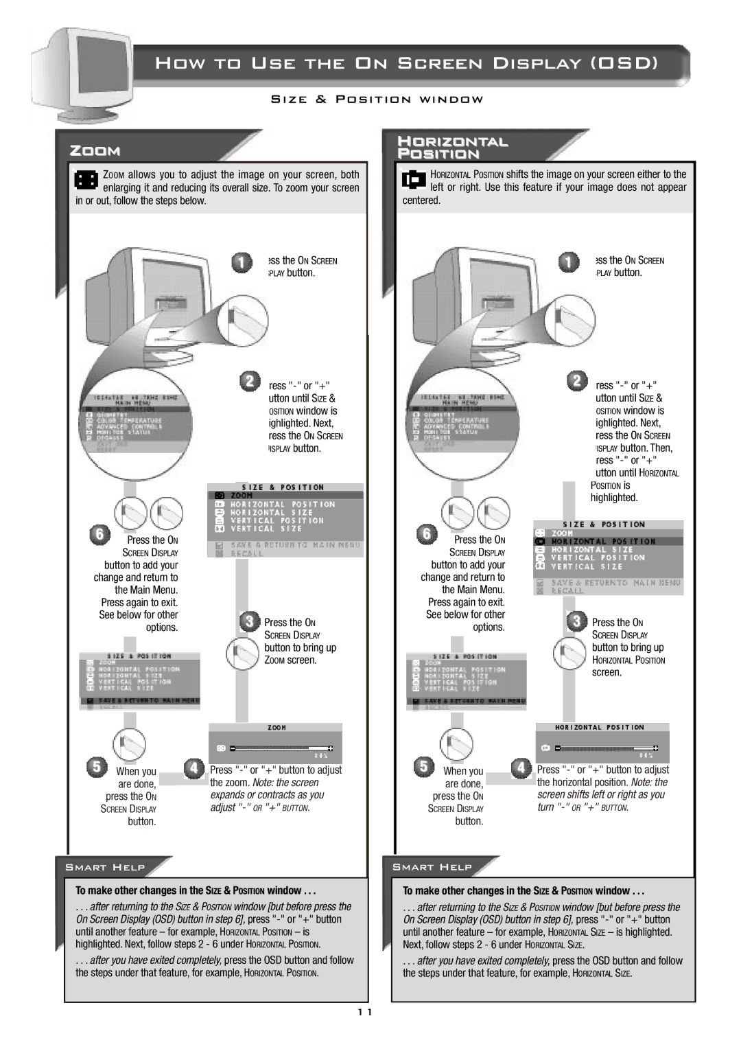 Philips 17B2402H appendix Zoom, Horizontal Position, To make other changes in the Size & Position window 