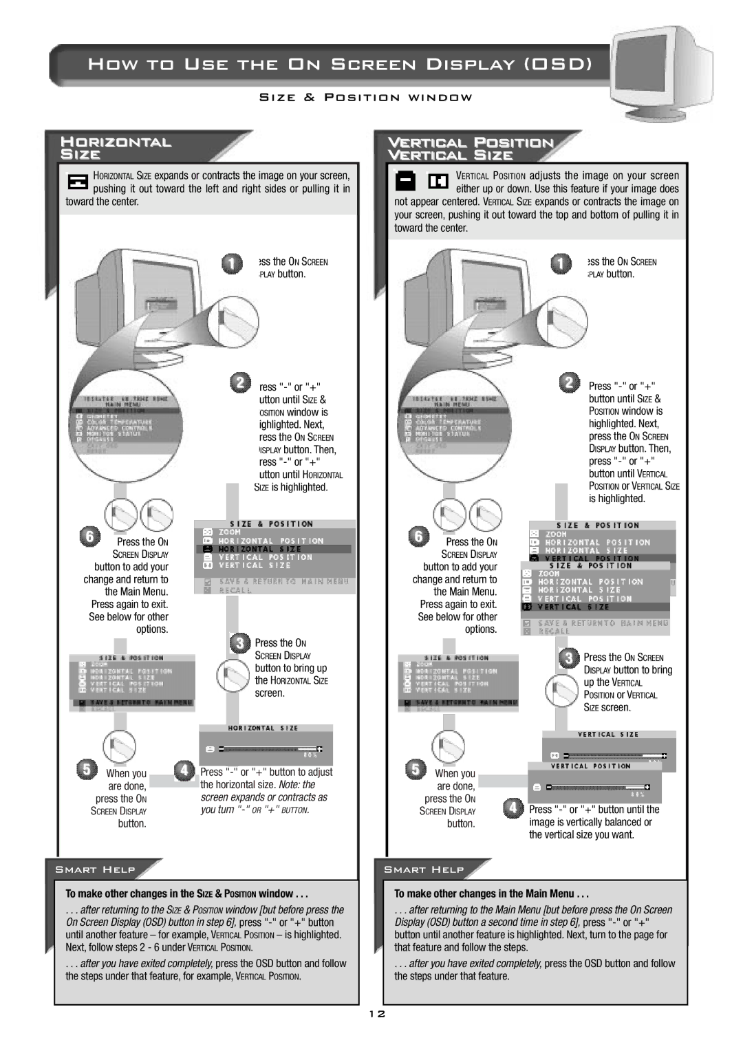 Philips 17B2402H appendix Horizontal Size, Vertical Position Vertical Size, To make other changes in the Main Menu 