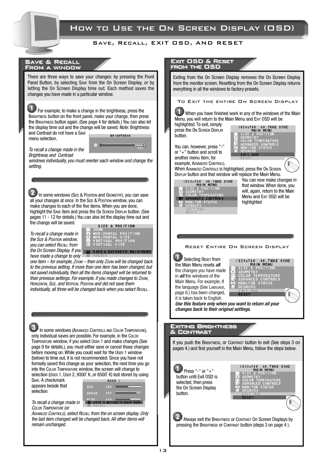 Philips 17B2402H Save & Recall From a window, Exit OSD & Reset from the OSD, Exiting Brightness Contrast, Menu selection 