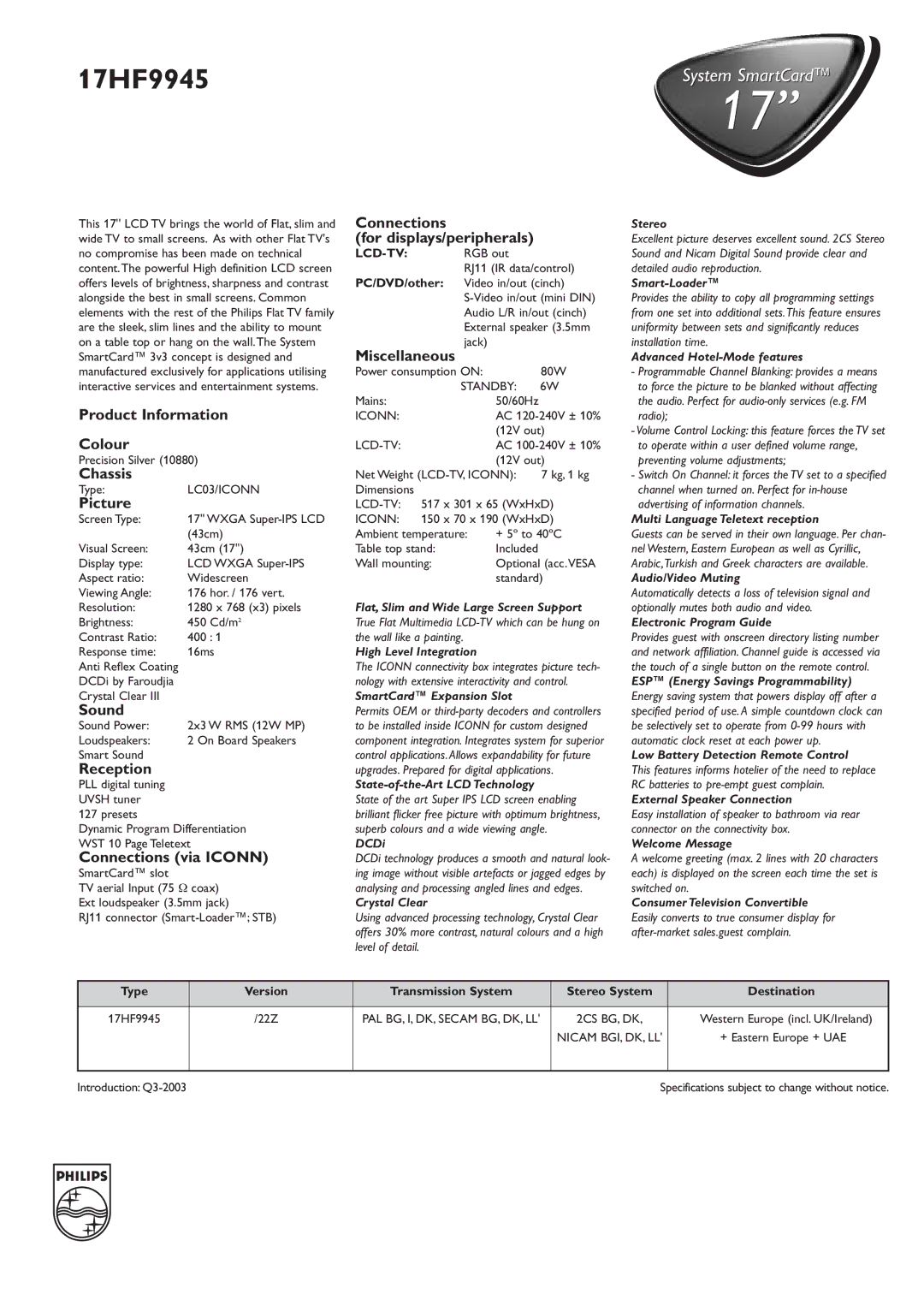 Philips 17HF9945 manual Connections, For displays/peripherals, Miscellaneous, Product Information, Colour, Chassis, Picture 