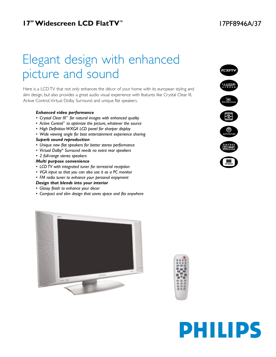 Philips 17PF8946A/37 manual Enhanced video performance, Superb sound reproduction, Multi purpose convenience 