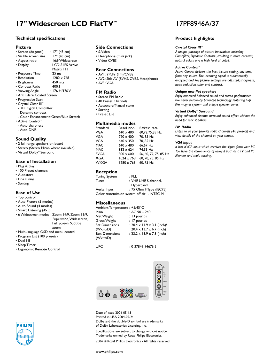 Philips 17PF8946A/37 Technical specifications Picture, Sound Quality, Ease of Installation, Ease of Use, Side Connections 