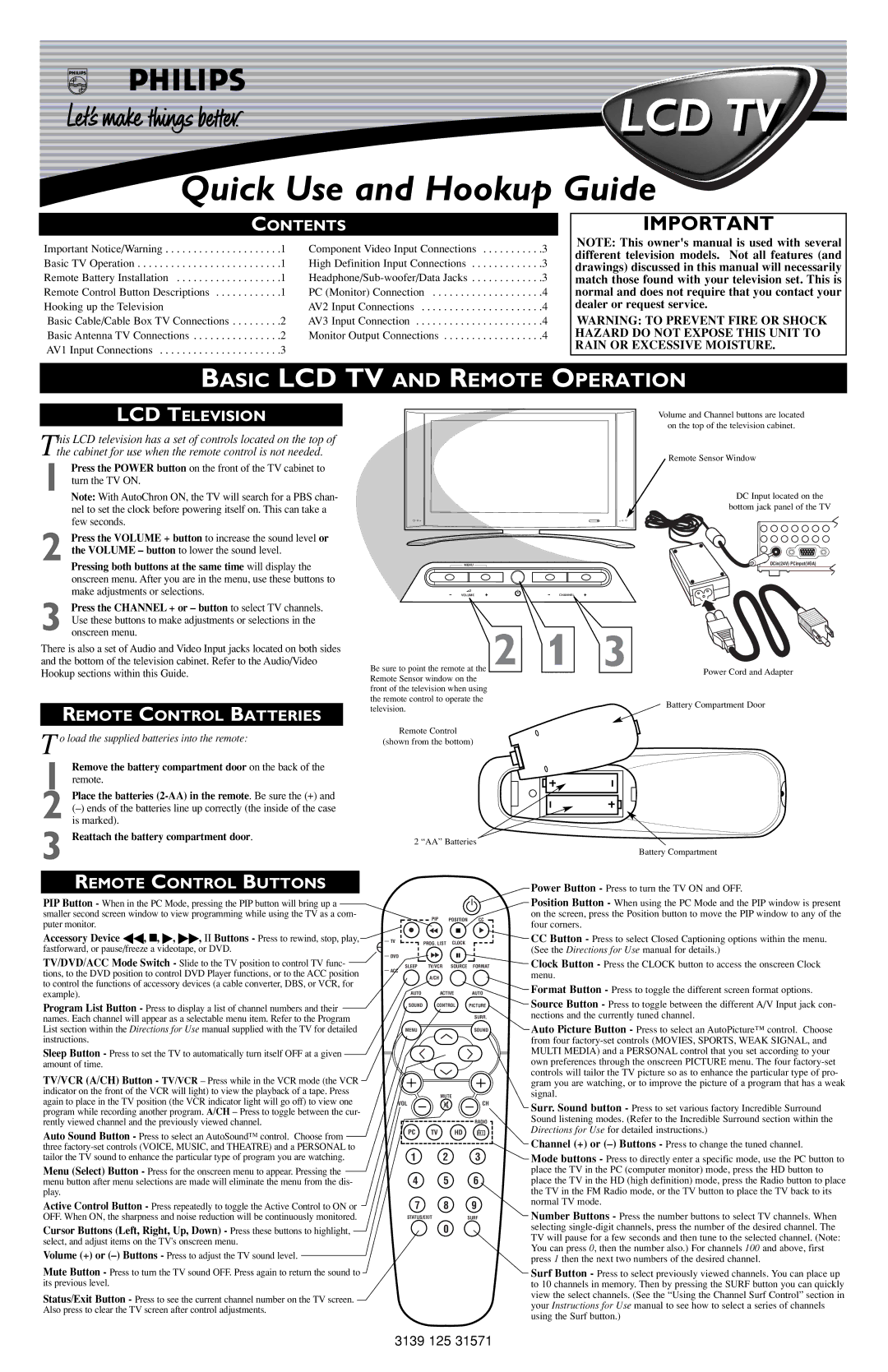 Philips 17PF9936/37 owner manual Basic LCD TV and Remote Operation, Contents, LCD Television, Remote Control Batteries 