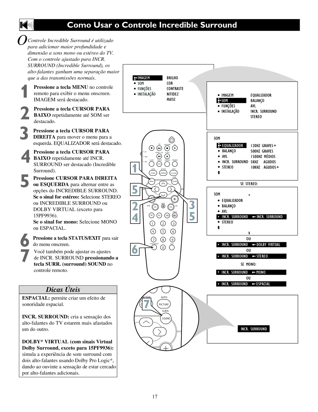Philips 15PF9936, 17PF9945, 23PF9945 manual Como Usar o Controle Incredible Surround, Funções AVL Instalação INCR. Surround 