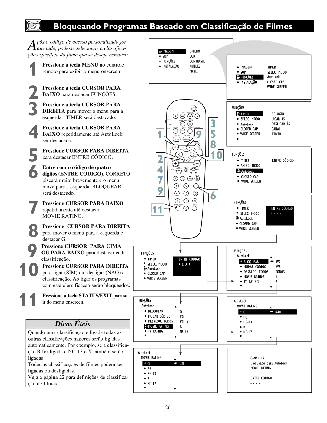 Philips 15PF9936, 17PF9945, 23PF9945 manual Bloqueando Programas Baseado em Classificação de Filmes 