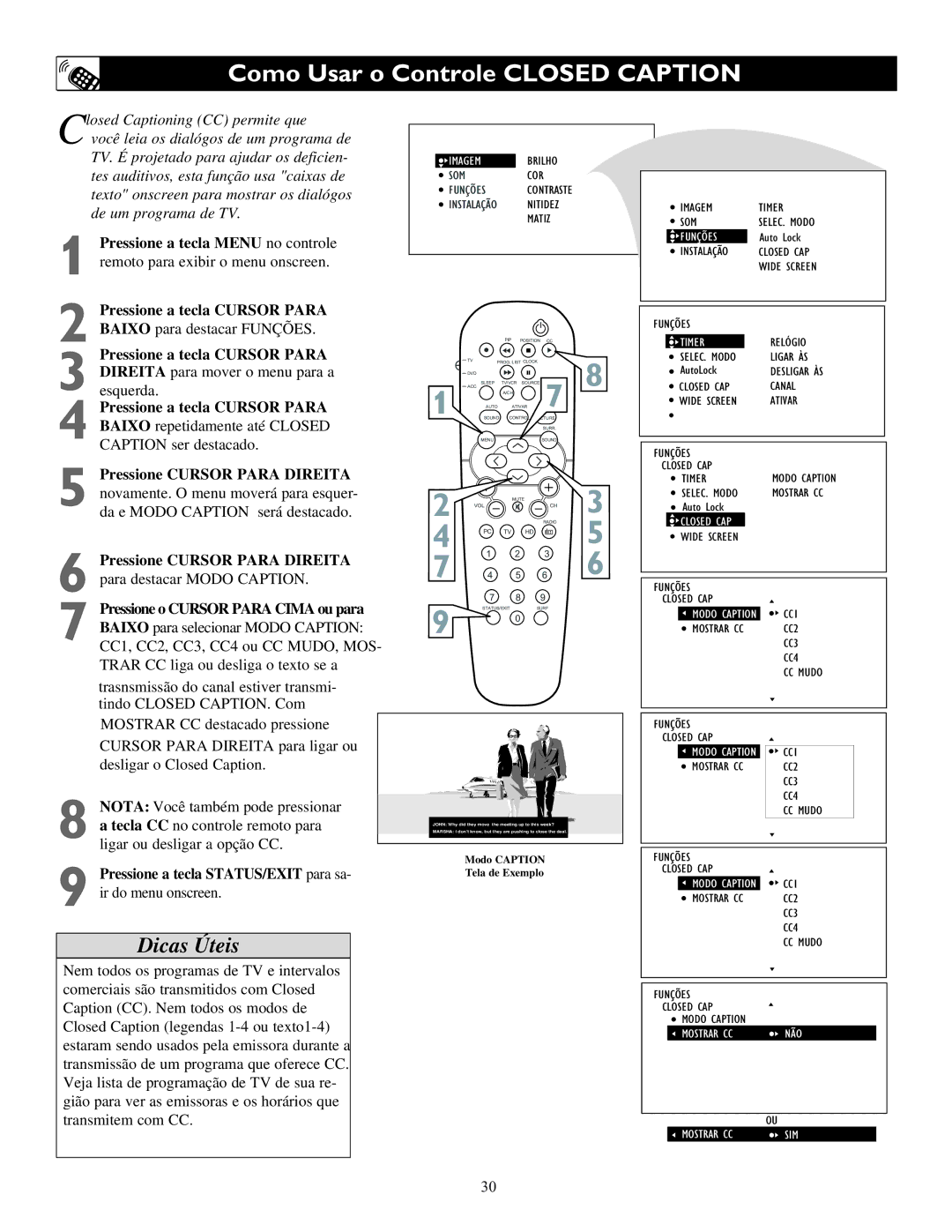 Philips 17PF9945, 23PF9945, 15PF9936 manual Como Usar o Controle Closed Caption, Modo Caption CC1 