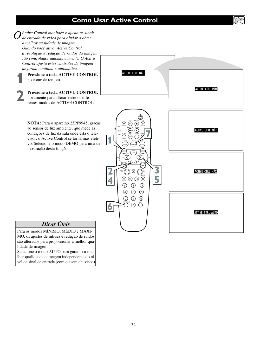 Philips 15PF9936, 17PF9945, 23PF9945 manual Como Usar Active Control 