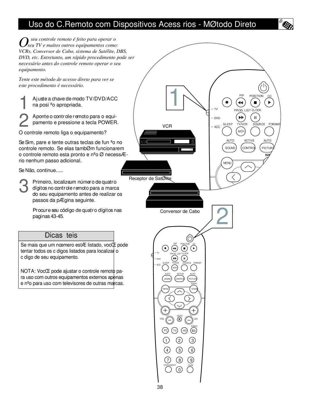 Philips 15PF9936, 17PF9945, 23PF9945 manual Uso do C.Remoto com Dispositivos Acessórios Método Direto, Vcr 