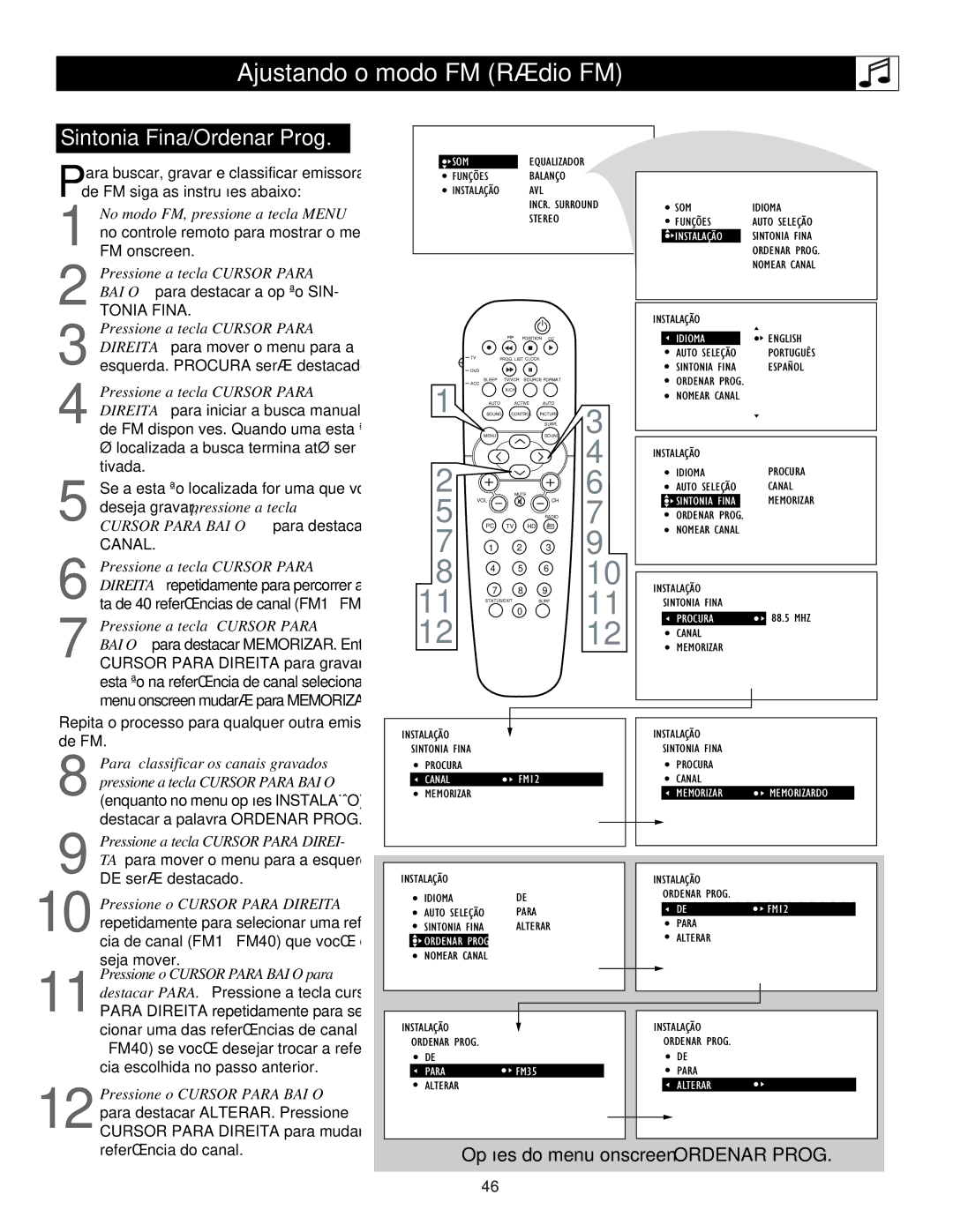 Philips 23PF9945, 17PF9945, 15PF9936 manual Sintonia Fina/Ordenar Prog 