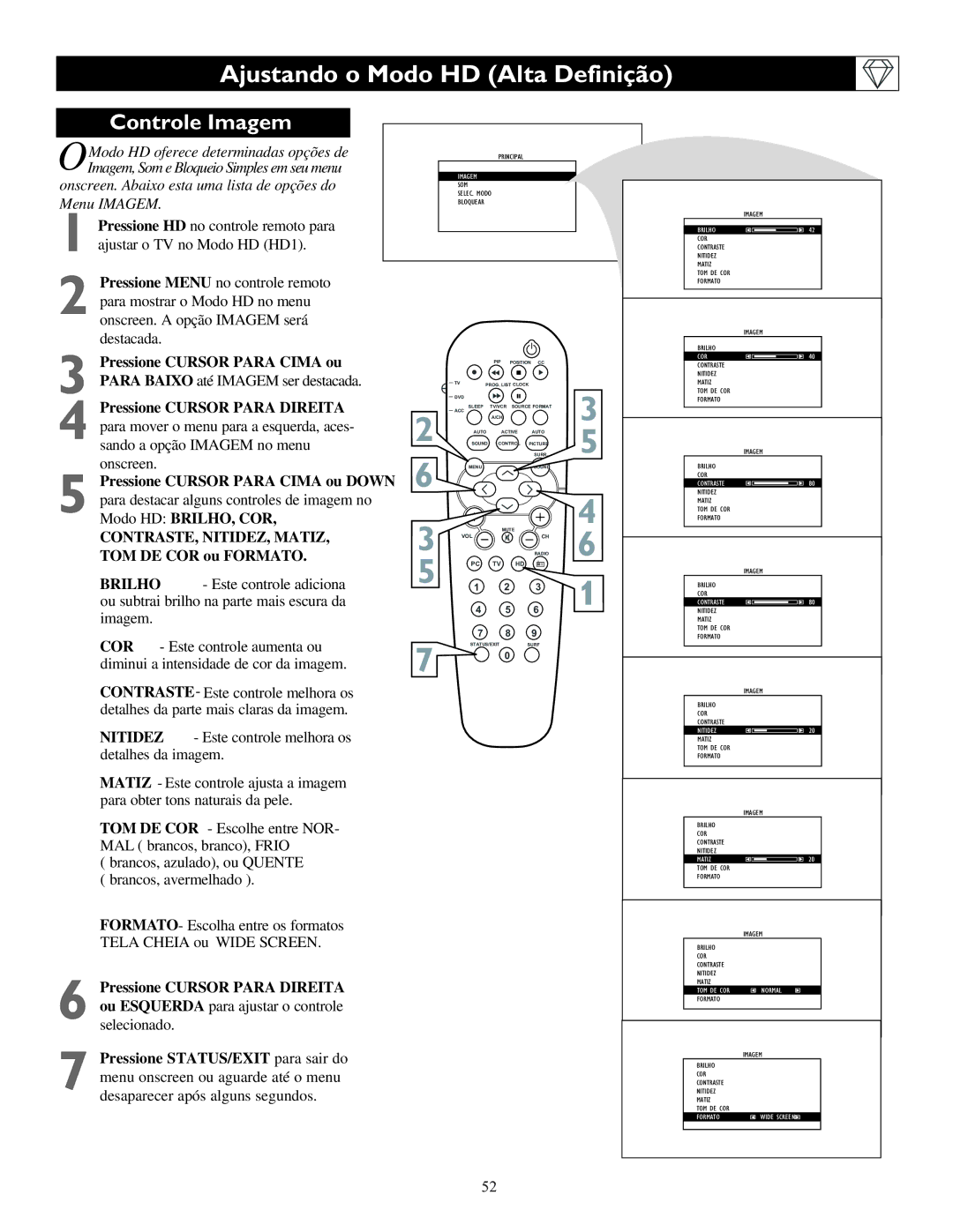 Philips 23PF9945, 17PF9945, 15PF9936 manual Ajustando o Modo HD Alta Definição 