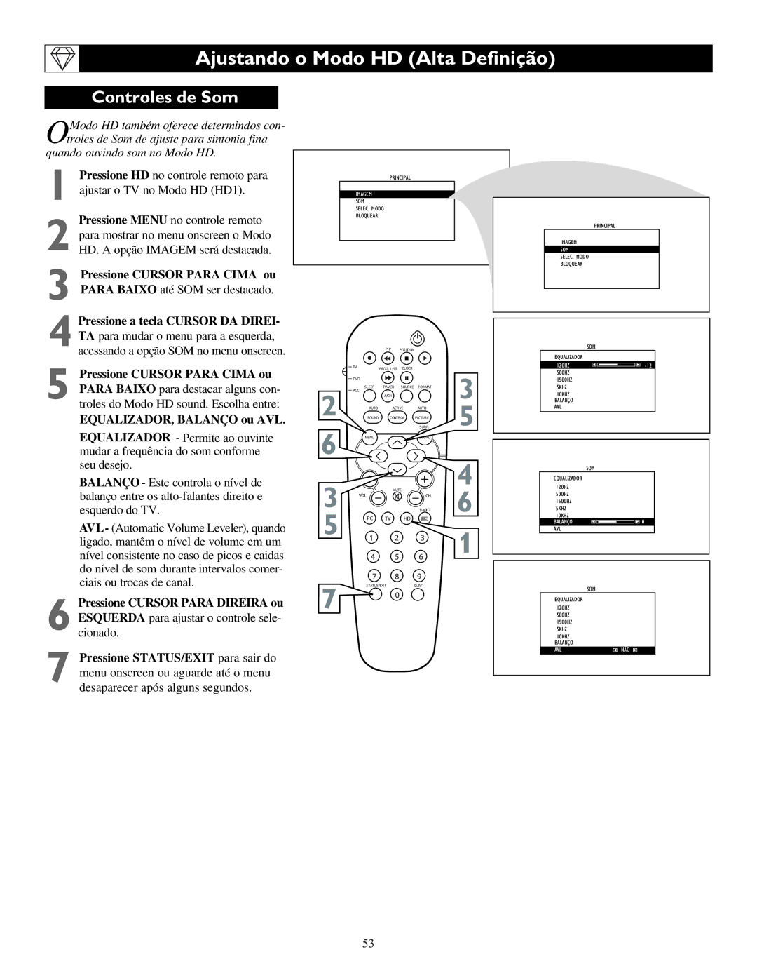 Philips 15PF9936, 17PF9945, 23PF9945 manual Controles de Som, EQUALIZADOR, Balanço ou AVL, Pressione Cursor Para Direira ou 