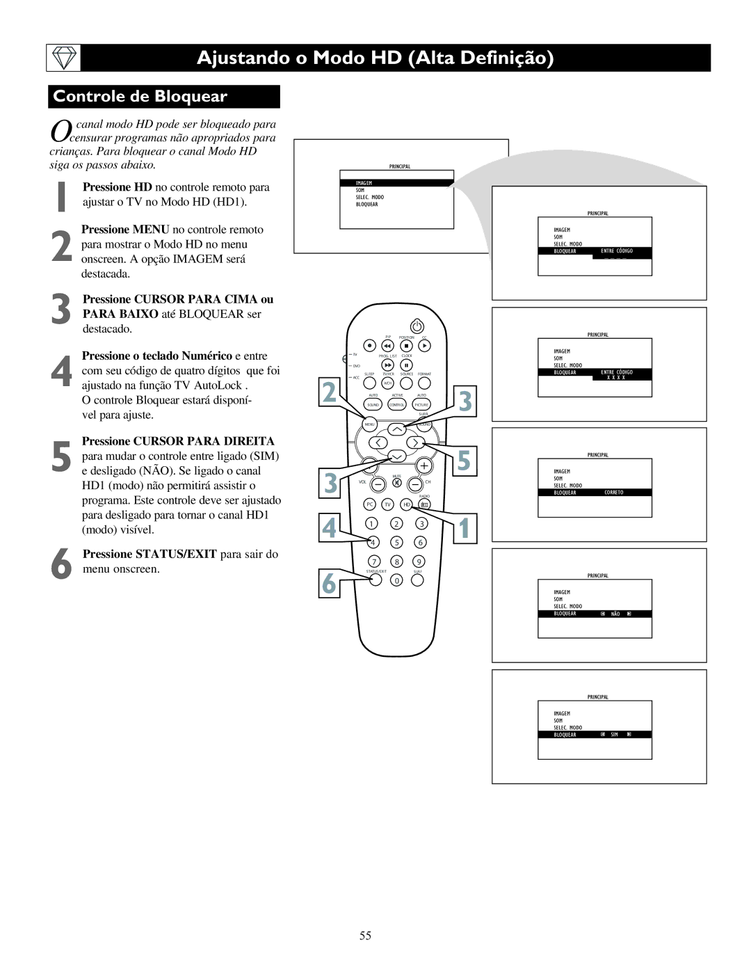 Philips 23PF9945, 17PF9945, 15PF9936 manual Controle de Bloquear, Pressione STATUS/EXIT para sair do menu onscreen 