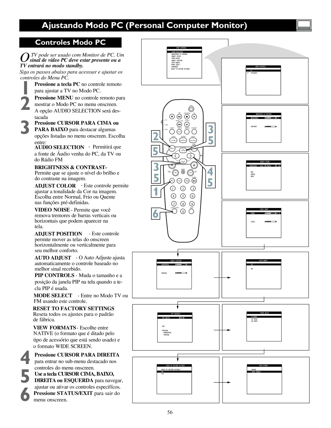 Philips 15PF9936, 17PF9945, 23PF9945 manual Ajustando Modo PC Personal Computer Monitor, Controles Modo PC 