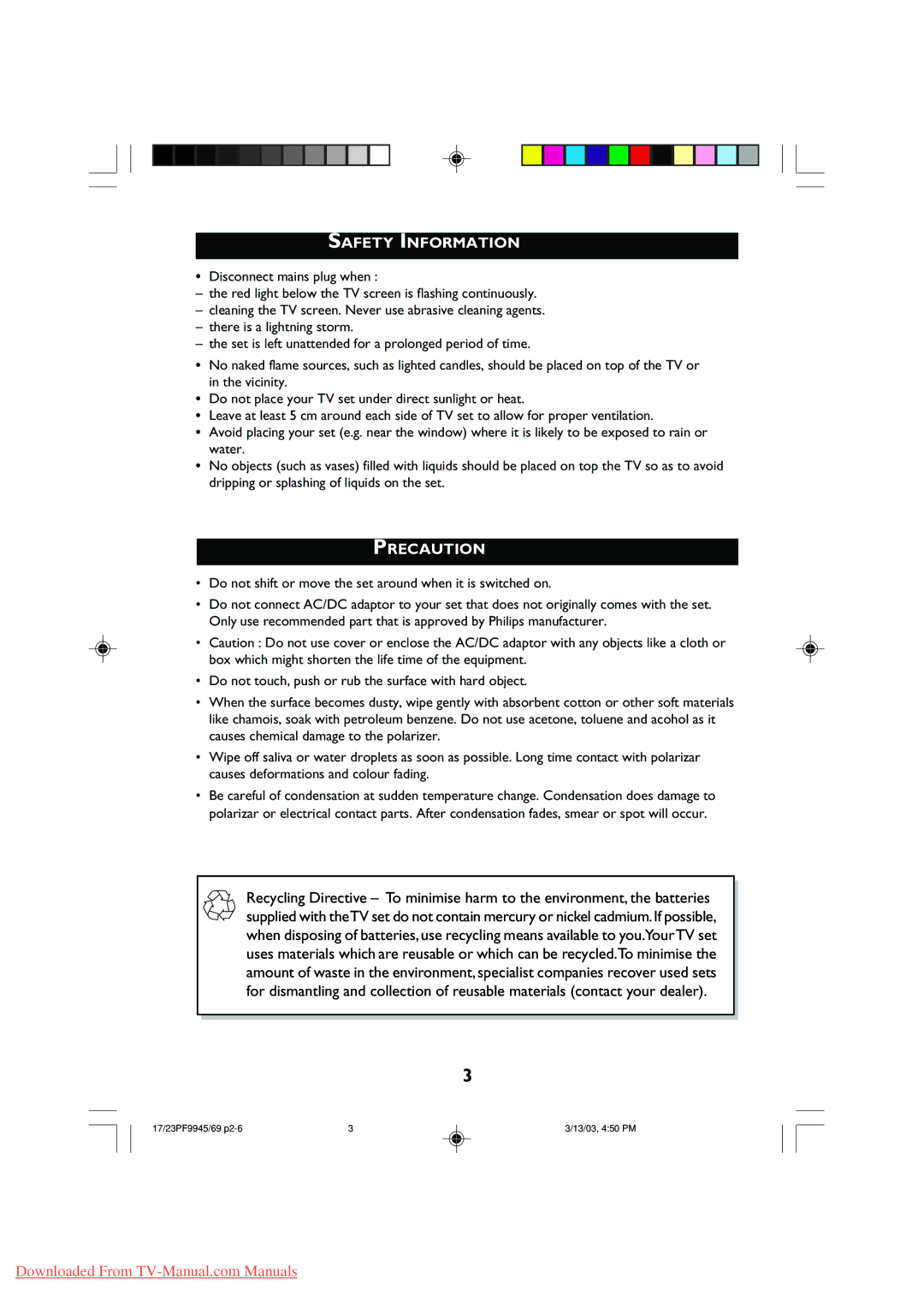 Philips 23PF9945, 17PF9945 operating instructions Safety Information, Precaution 