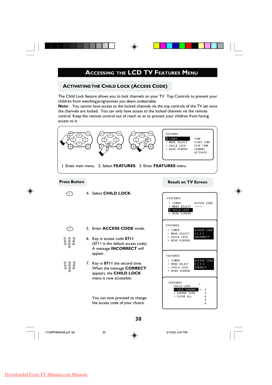 Philips 17PF9945, 23PF9945 Activating the Child Lock Access Code, Press Button Result on TV Screen, Select Child Lock 