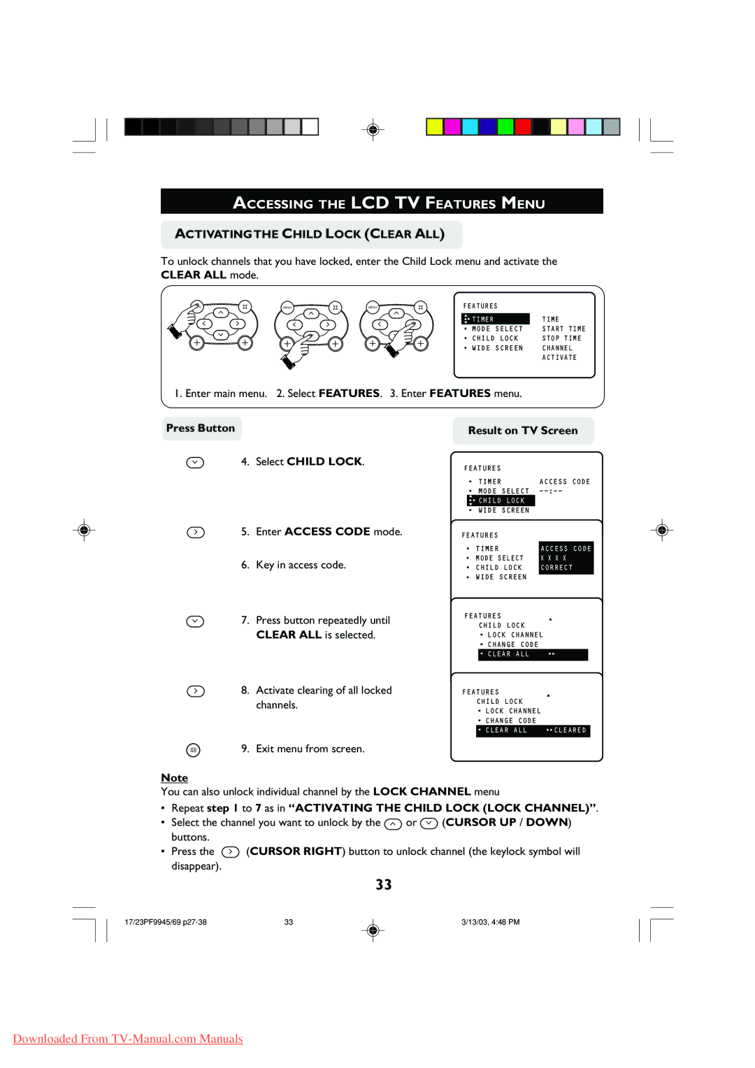 Philips 23PF9945 Activating the Child Lock Clear ALL, Clear ALL is selected, Activate clearing of all locked, Channels 