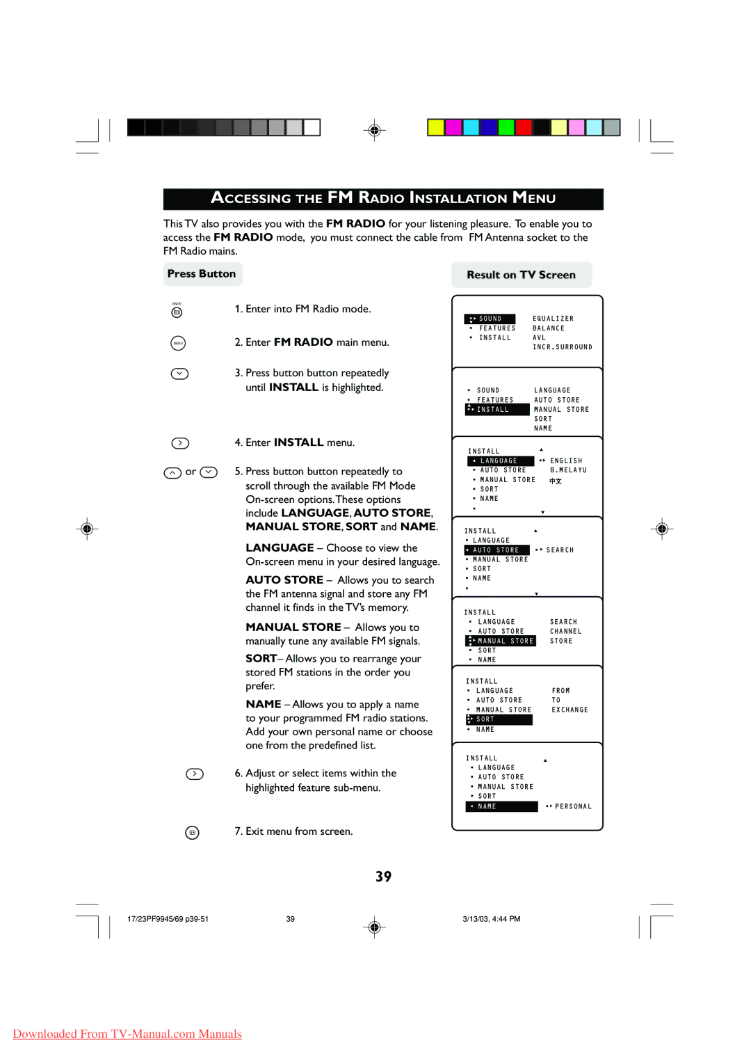 Philips 23PF9945 Accessing the FM Radio Installation Menu, Include LANGUAGE, Auto Store, Manual STORE, Sort and Name 