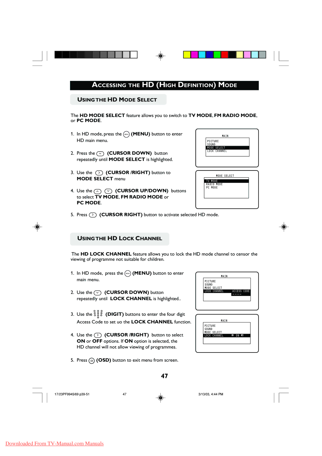 Philips 23PF9945, 17PF9945 Using the HD Mode Select, PC Mode, Press Cursor Right button to activate selected HD mode 