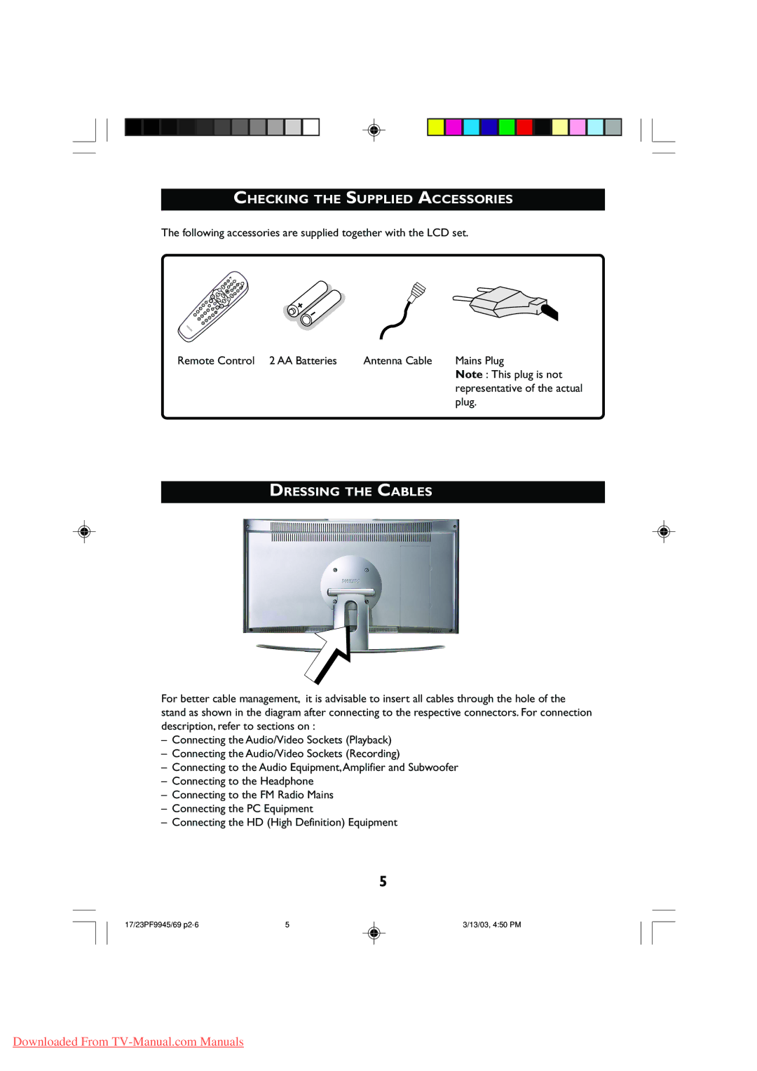 Philips 23PF9945, 17PF9945 operating instructions Checking the Supplied Accessories, Dressing the Cables, Plug 