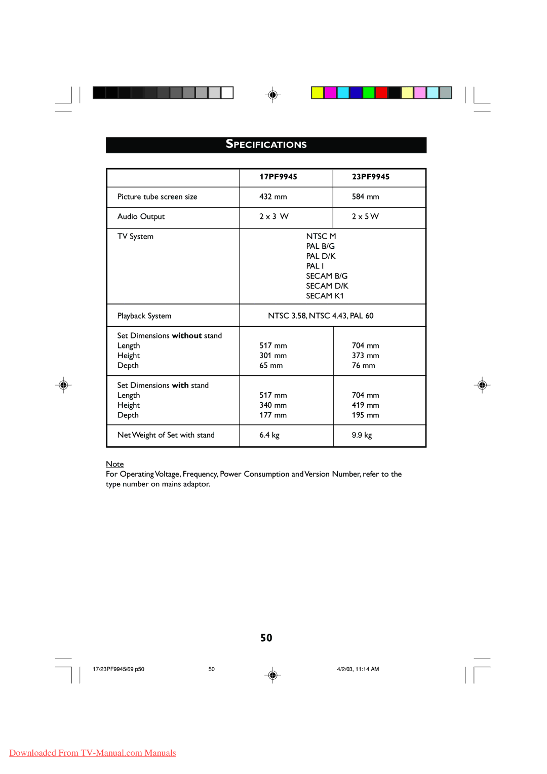 Philips operating instructions Specifications, 17PF9945 23PF9945 