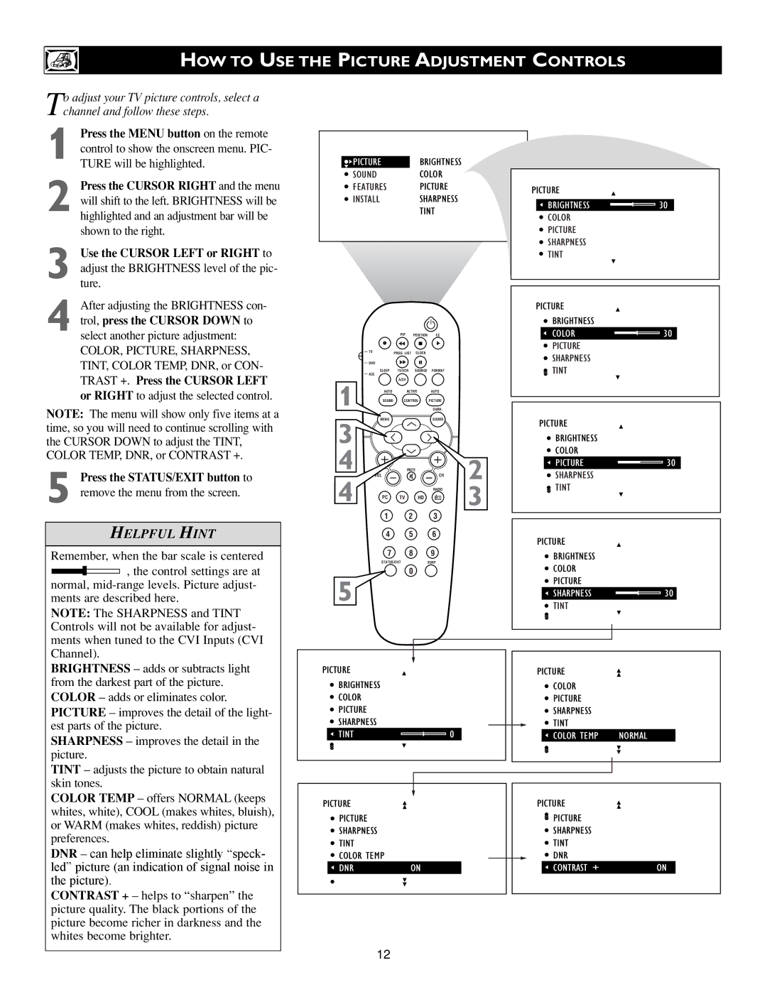 Philips 17PF9945/58 warranty HOW to USE the Picture Adjustment Controls 