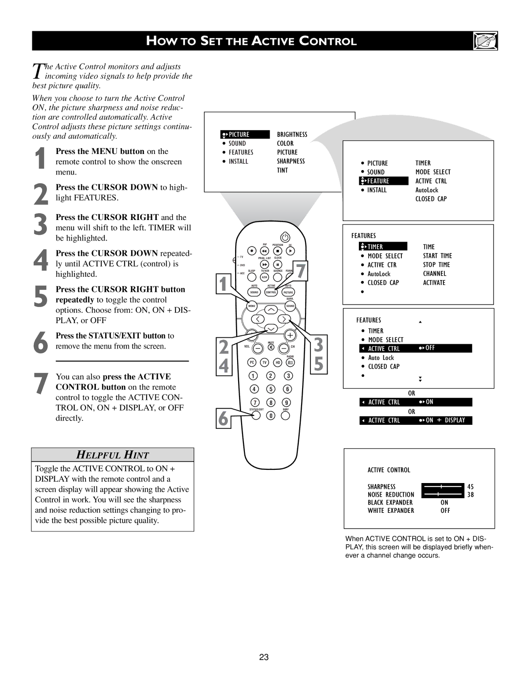 Philips 17PF9945/58 warranty HOW to SET the Active Control, Active Ctrl On + Display 