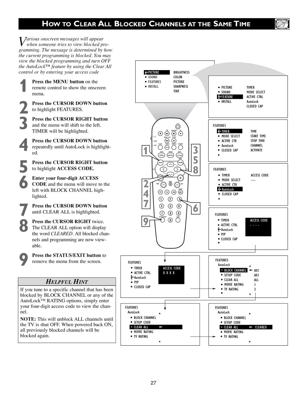 Philips 17PF9945/58 warranty HOW to Clear ALL Blocked Channels AT the Same Time, Block Options 