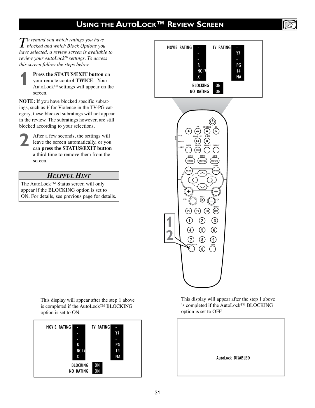 Philips 17PF9945/58 warranty Using the Autolock Review Screen 