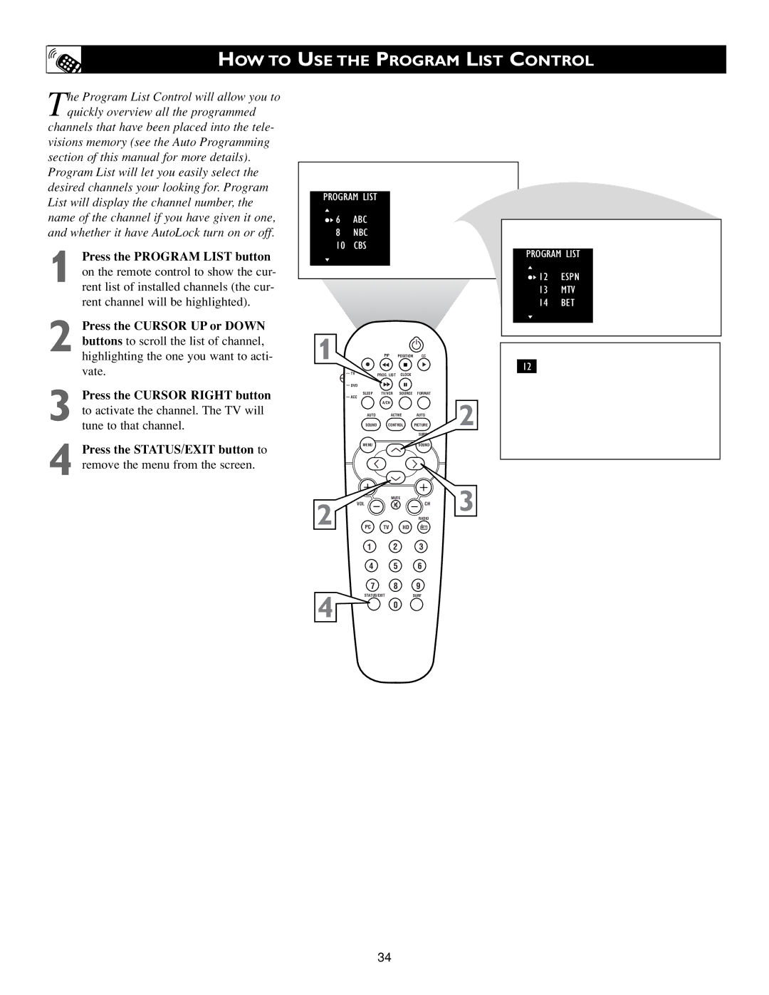 Philips 17PF9945/58 warranty HOW to USE the Program List Control, Highlighting the one you want to acti- vate 