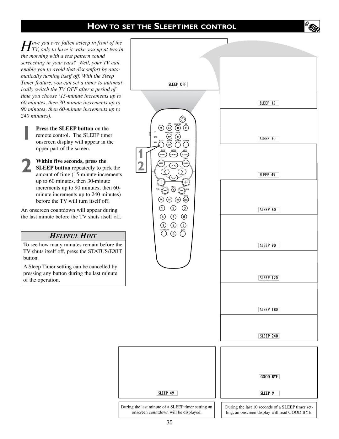 Philips 17PF9945/58 warranty HOW to SET the Sleeptimer Control, Sleep OFF 