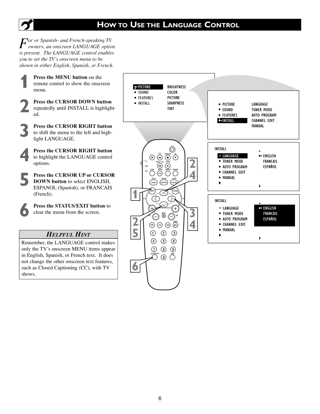 Philips 17PF9945/58 warranty HOW to USE the Language Control, Helpful Hint 