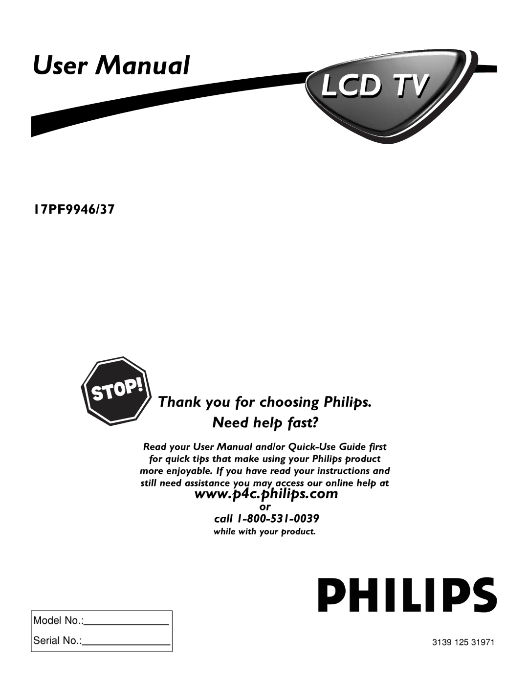 Philips 17PF9946/37 user manual Lcd Tv 