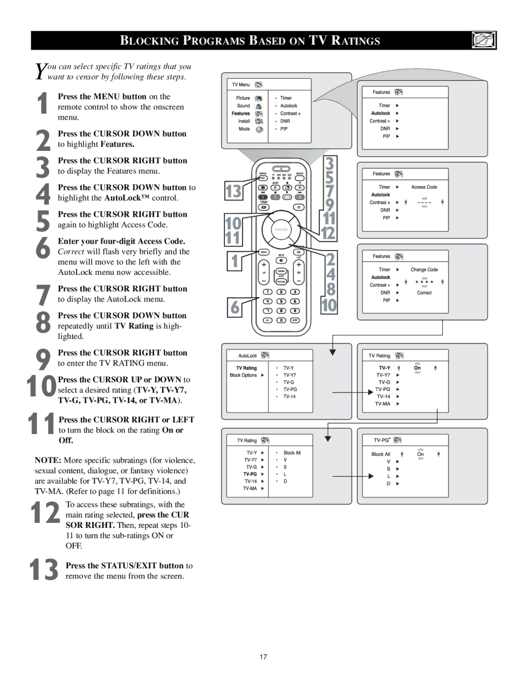 Philips 17PF9946/37 user manual Blocking Programs Based on TV Ratings 