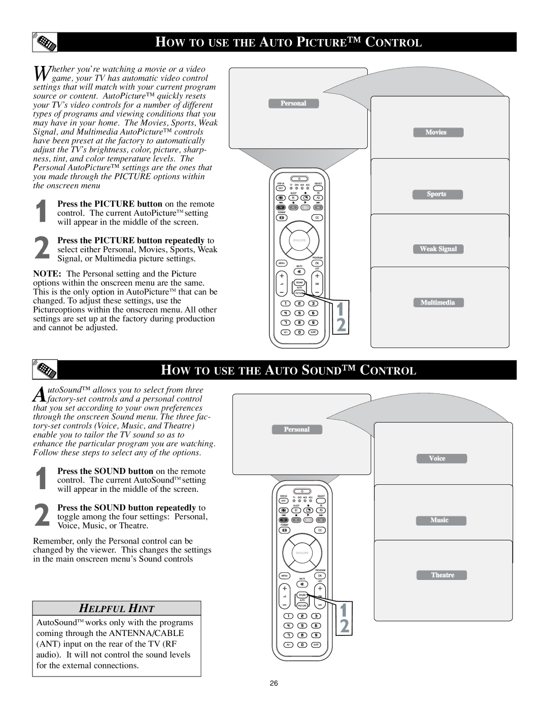 Philips 17PF9946/37 user manual HOW to USE the Auto Picture Control, HOW to USE the Auto Sound Control 