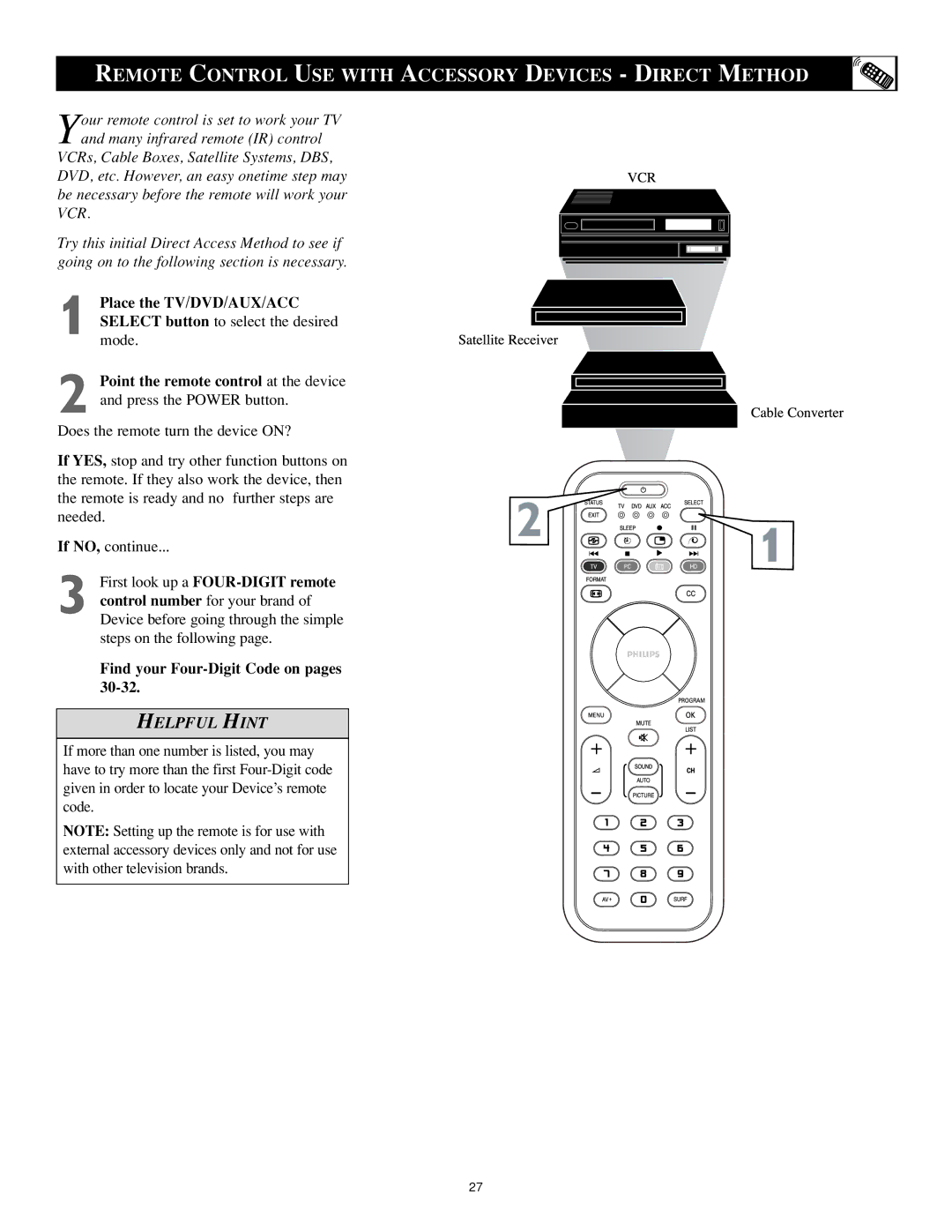 Philips 17PF9946/37 user manual Remote Control USE with Accessory Devices Direct Method, Vcr 