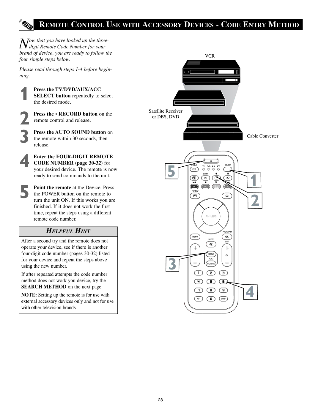 Philips 17PF9946/37 user manual Remote Control USE with Accessory Devices Code Entry Method 