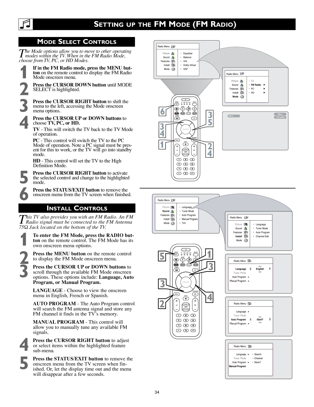 Philips 17PF9946/37 user manual Setting UP the FM Mode FM Radio, Mode Select Controls, Install Controls 