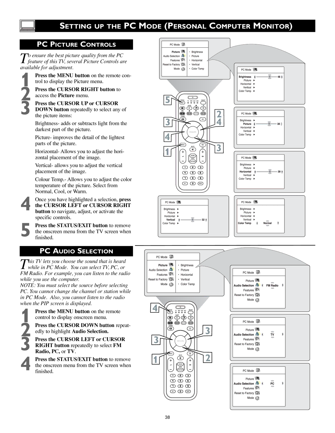 Philips 17PF9946/37 user manual Setting UP the PC Mode Personal Computer Monitor, PC Picture Controls, PC Audio Selection 