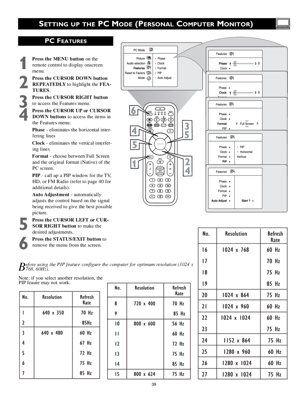 Philips 17PF9946/37 user manual PC Features, Tures 